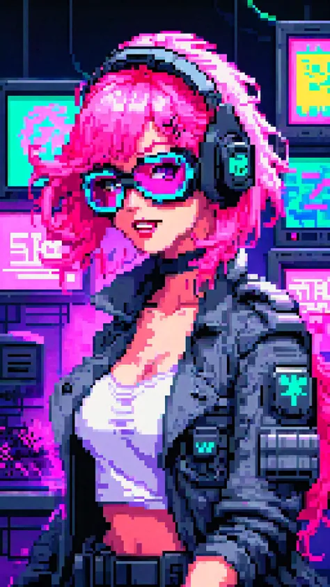 (swat man), (pixel art), detailed, torso, gloves, mask, goggles, action pose, trench coat, pink, surreal, strange, (full body sexy gamer girl with pink hair photo), vaporwave neon theme, woman, portrait, smile, laugh, open mouth, (upper body, bust shot, looking away:1.1), neon hair