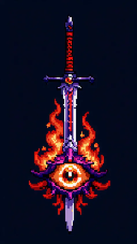 pixel art, cartoon illustration, beholder sword, demonic sauron eye, eye, simple black background, game icon, flame sword