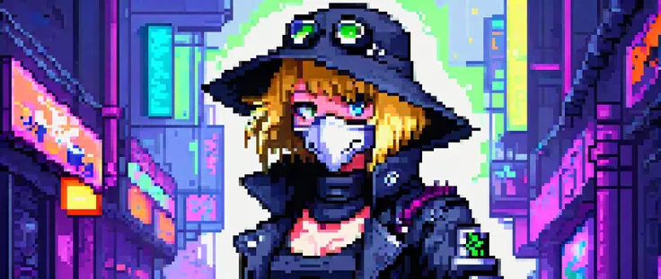 pixel art, Plague doctor, digital oil pastel on canvas, animal, furry, upper body of a cyberpunk raven dressed in black techwear jacket, eye visor, wearing a white dress, 1girl, fighting game pixel art style, 32 bits, short blonde bob haircut, skin tight tanktop, navel, short cutoff shorts, knee-high socks, combat boots, cute girl