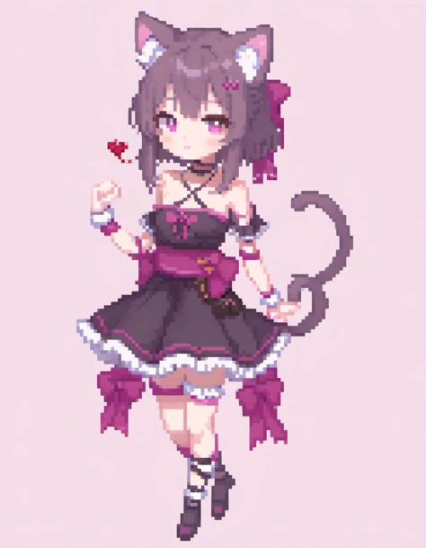 (Pixel art:1.2), 1girl, <lora:Fallenshadow_SDXL:0.8>. Fallenshadow. criss-cross halter. halterneck. heart-shaped pupils. cat ears. symbol-shaped pupils. heart. solo. stuffed toy. teddy bear. leg ribbon. waist bow. cat tail. blush. black dress. paw pose. single wrist cuff. tail ribbon. looking at viewer. simple background. arm ribbon. single thighhigh. white background. wrist cuffs. holding. bare shoulders. frills. animal ear fluff. tail bow. short dress. pink background. petite, black background, seductive smile