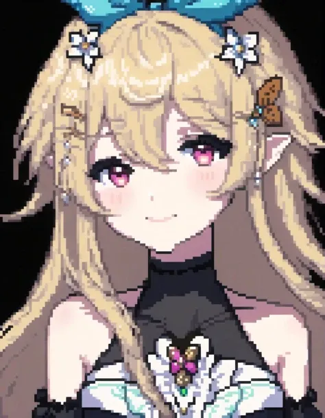 (Pixel art:1.2), 1girl, <lora:Pomu_Rainpuff_SDXL:0.8>. pomu rainpuff. blonde. gloves. heart hands. black gloves. heart. elbow gloves. upper body. looking at viewer. blush. halterneck. white hair flower. bare shoulders. butterfly hair ornament. hair behind ear. collarbone, black background, seductive smile
