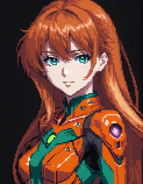 (Pixel art:1.2), 1girl, asuka langley from evangelion, black background, seductive smile
