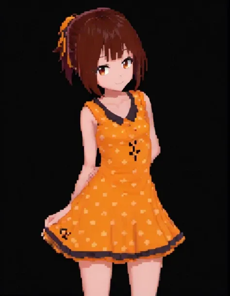 (Pixel art:1.2), 1girl, <lora:Miku_Maruyama:0.8> Miku. orange dress, black background, seductive smile
