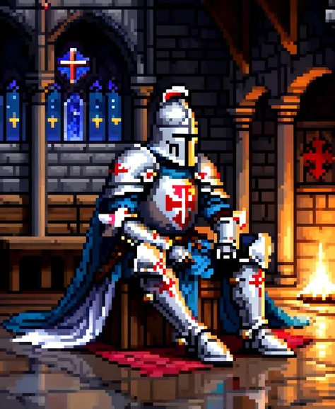 pixel art, best quality, masterpiece, ultra detailed, a knight templar sitting on floor, wearing armor, fantasy, medieval, artwork, night