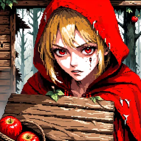 score_9, score_8_up, score_7_up, score_6_up, score_5_up, score_4_up, red hiding hood female,19yo,torn clothes,basket,apples,red cape,red hood,blonde hair,mimic chest,<lora:mimic_chest_ponyxl_v9>,forest,background old cabin,extreme detail,stunning,scared,sharp details,realistic,face focus, smooth painting