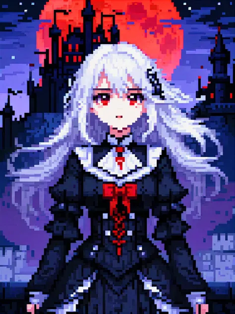 pixel art, ((masterpiece)), (((best quality))), ((ultra detailed)), (illustration), (dynamic angle), night, ((floating)), (paint), ((disheveled hair)), (solo), (1girl), small breast, (((detailed anima face))), ((beautiful detailed face)), collar, (((gothic fashion))), ((white hair)), ((streaked hair)), beautiful detailed eyes, (red eyes), ((detailed castle)), (high saturation),((best shadow)), ((night, red moon, blood on face, blood on cloths, splash blood)), arms behind back