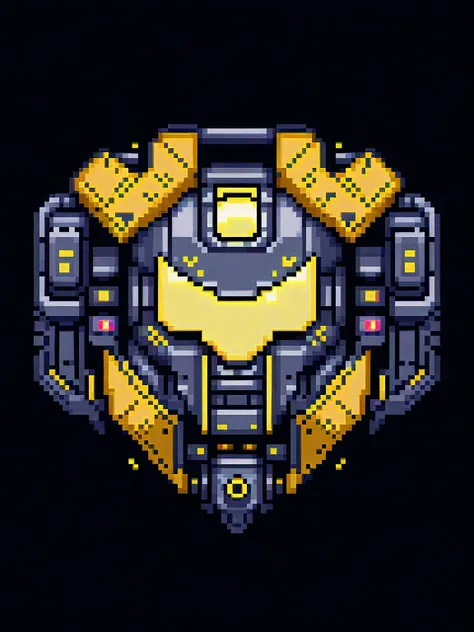 pixel art, cartoon illustration, futuristic mecha shield, cyberpunk, black and yellow colors, simple black background, game icon