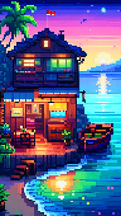 Pixel art, Masterpiece, pixel art pixel style, House, night, by the sea, and there are fishing boats