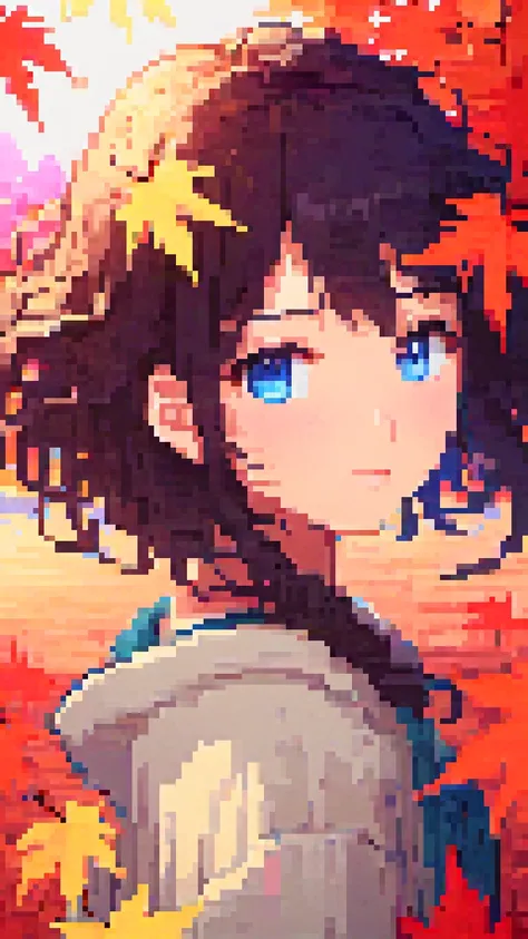 pixel art, (((sunset))), flat color, Golden ratio, {masterpiece:1.5}, {extremely detailed CG unity 8k wallpaper:1.5}, {Grim expression:1.2}, {1girls:2}, {full body:1.8}, {cry, smile:1.8}, The wind blows the maple leaves, extremely detailed maple leaf, {extremely detailed eyes:1.5}, {extremely beautiful detailed anime face:1.5}, black hair, {cute animal face:1.5}, {extremely delicate and beautiful girls:1.4}, blue eyes,{glowing eyes, blank stare:1.5}, {backlight:2}, body is turning into maple leaves, {flowing maple leaf background:1.4}, {depth of field:2}, Red light, extremely detailed sky, clothes with maple leaf, {Maple tree background:1.5}, body with maple leaf , floating hair with maple leaf, looking at viewer, maple leaf foreground, hair with maple leaf, {flowing hair:1.2}, The picture fills the canvas, {flowing:1.2}, dynamic angle