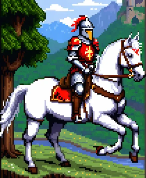 pixel art, best quality, masterpiece, ultra detailed, a knight riding a horse, wearing a armor, fantasy, medieval, artwork