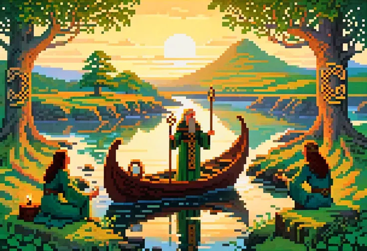 Celtic tales and legends are recited, highlighting mythical figures such as Dagda, the Celtic god of fertility and knowledge, or the goddess Danu, mother of all gods. Celtic symbols like endless knots and triskeles are worn with pride, recalling a time when druids practiced their sacred rites in the deep forests of the island, Airbrush, Golden Hour, Velvia, Ultra-Wide Angle, Lens Distortion, Cool Color Palette, High Contrast, Ray Tracing Reflections