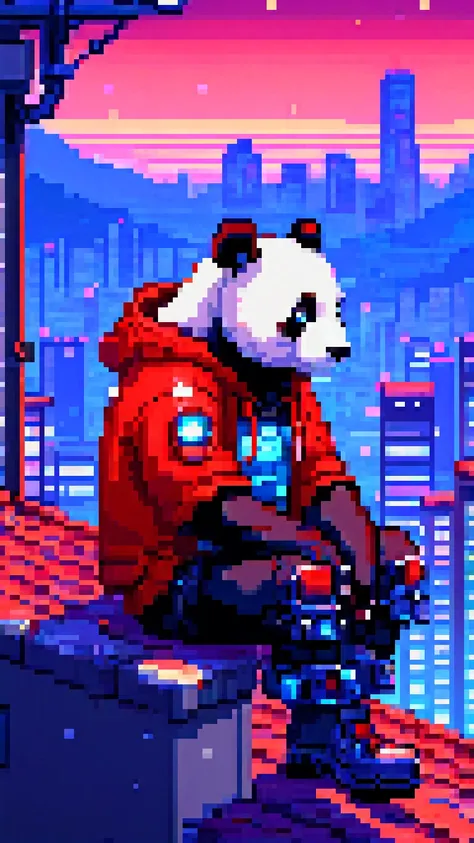 pixel-art a cyborg anthropomorphic giant panda male furry is sitting solo on rooftop, He has very fluffy fur on cheek and animal head, mechanical arms and hands, mechanical legs and boots, He wears a short sleeves red hoodie with both proud and serious on his face, His eyes are black and shine and looking afar, city below, backlighting, night, moonlight, starry sky, 64 bit style, shooting star, constellation . low-res, blocky, pixel art style, 8-bit graphics