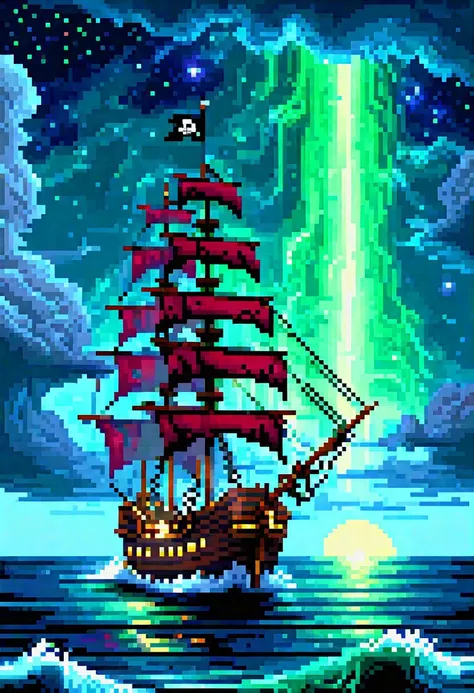 pixel art, 32 bits, (Pirate ship sailing into a bioluminescence sea with a galaxy in the sky), epic,