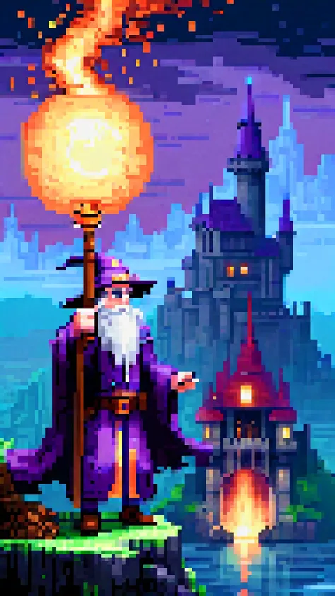 (Pixel art:1.2) a wizard wielding an orbstaff, casting spells, old dark castle in background, HD, masterpiece, best quality, hyper detailed, ultra detailed
