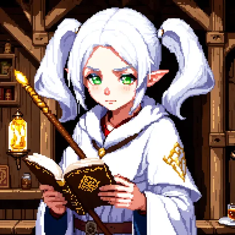 frieren,white hair,twintails,magic books,face focus,green eyes,expressionless,tavern,medieval,white and gold robe,magic wood staff,pointy ears,half-closed eyes,