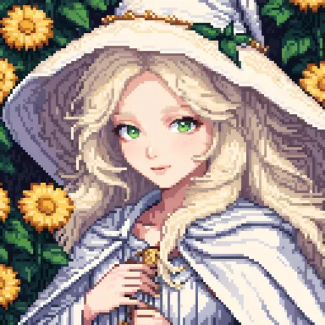 pixel art, 16 bit, 32 bit, 64 bit score_9, score_8_up, score_7_up, score_6_up, score_5_up, score_4_up, best quality,masterpiece,4k,very aesthetic BREAK macro shot of a beautiful albino young woman lying in a majestic flowerbed,face_focus,<lora:RanniXLV2:0.8>,IncrsXLRanni,wavy hair,hat,cloak,<lora:add-detail-xl:0.8>,<lora:DetailedEyes_V3:0.8>,mascara,kind_smile,shy,eye_of_horus,