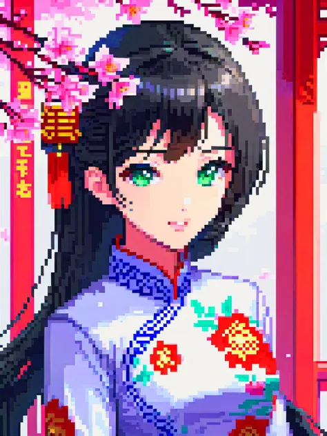pixel art, upper body, ((((black hair)))), (solo:1.5), anime face, ((detailed face)), (((masterpiece))), (((best quality))), (((extremely delicate and beautiful))), ultra-detailed, 32 bit style, (((beautiful detailed eyes))), (((qipao))), (cheongsam), (Chinese style), smile, long hair, ((( flying petals)))