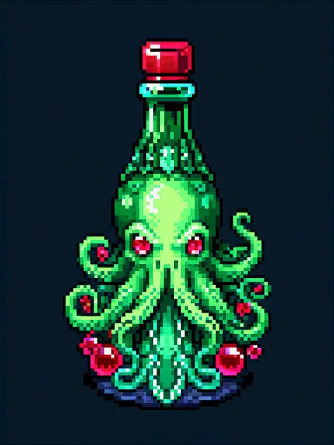 pixel art, cartoon illustration, tentacle green big bottle, lovecraft, Cthulhu, ruby gems, simple black background, game icon