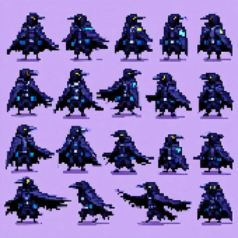 yamer_pixel_fusion, pixel art, sprite sheet, animal, furry, sprite sheets of a cyberpunk raven boy dressed in black techwear jacket, run sprite sheets, <lora:Pixel_Fusion_LORA:1>