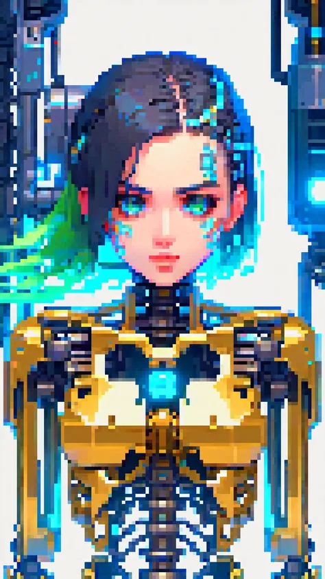 Masterpiece, illustration, 8K wallpaper, super detailed, portrait, (full body), ((damaged)), dissection, cyberpunk, (1 girl:1.5), (solo), (Machine Skeleton), black hair, Medium breasts, Beautiful detailed blue eyes, (Mechanical (heart)), (Wire), (Transmission tube), (white background: 1.8), mecha Machine Skeleton ,natural light, light tracing, green hair, golden eyes, dress, black background, seductive smile