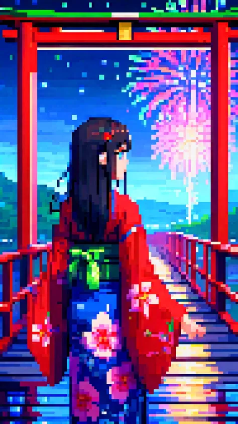 pixel art, 32 bit, (masterpiece, best quality:1.2), 1girl, cowboy shot, yukata, blue eyes, black long straight hair, blunt bangs, colored inner hair, perspective, vanishing point, scenery, HDR, chromatic aberration, colorful refraction, depth of field, starry sky, milky way, night, fireworks, spider lily, on the bridge, river, torii