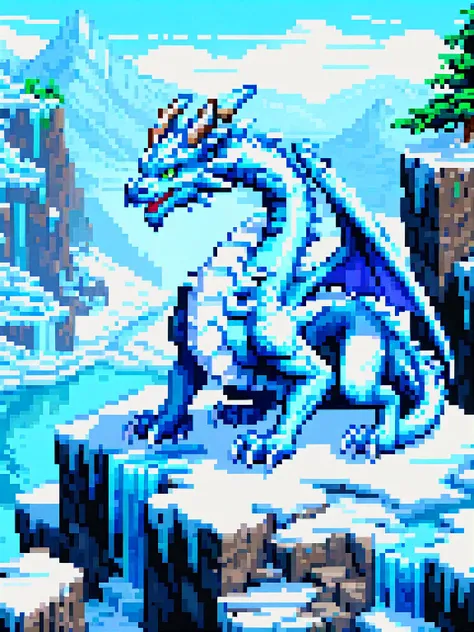 pixel-art Ice dragon, hero view, action pose, beautiful extremely detailed piercing eyes, scenery, detailed background, best quality, high quality, absurdres, low-res, blocky, pixel art style, 8-bit graphics