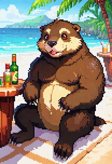 outdoors, BREAK, male, anthro, ((wereotter)), (Detailed eyes, detailed face), Bara build, sumo build, head fur, inner ear fluff, (pleasant expression), (slightly chubby), huge body, stocky body, musclegut, thick build, bear body, (solo:1.5), (beach bar background:1.2), sitting down, relaxing
break,
(wearing shorts)