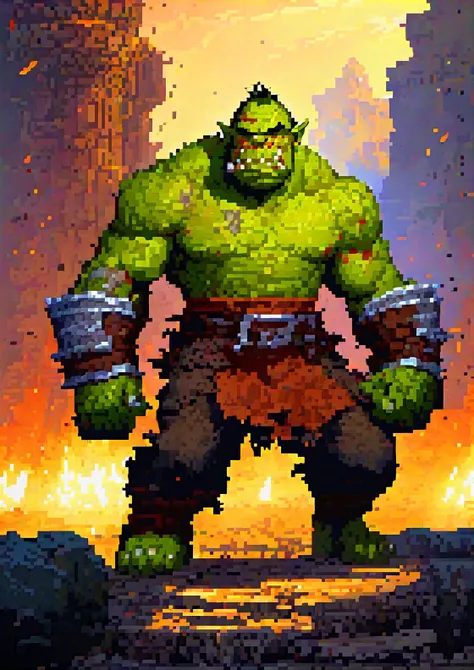 pixelart, orc, young warrior, muscular, fierce, tier 1, wearing minimal armor, green skin, intense eyes, determined, battle-ready, physical strength, bare hands, powerful strike, resisting attacks, strong defense, physical damage resistance, low health recovery, in a battlefield, orc ally nearby, medieval fantasy setting, rugged appearance, glowing mana, brute force, fierce expression, detailed muscles, battle scars, immersive lighting, cinematic atmosphere <lora:pixel:1>