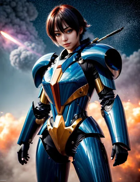 a woman,   in armor  <lora:LadyBra:0.7> epic, android heroine, incredibly powerful Anime Girl, created by Hideaki Anno, by Katsuhiro Otomo, by Rumiko Takahashi, Movie poster style, box office hit, a masterpiece of storytelling, main character center focus, monsters + mech creatures locked in combat, nuclear explosions paint sky, highly detailed