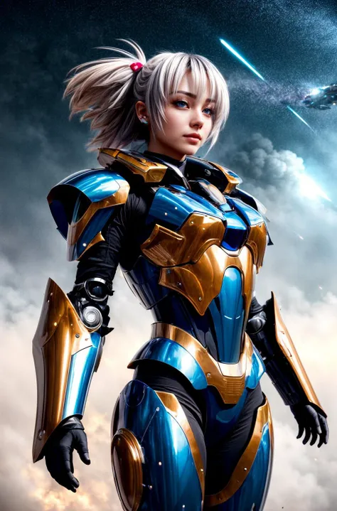 a woman, <lora:LadyBra:0.7> armor, epic, big bulky futuristic armor, art, foggy, android heroine, incredibly powerful Anime Girl, created by Hideaki Anno, by Katsuhiro Otomo, by Rumiko Takahashi, Movie poster style, box office hit, a masterpiece of storytelling, main character center focus, monsters , mech creatures locked in combat, nuclear explosions paint sky, highly detailed