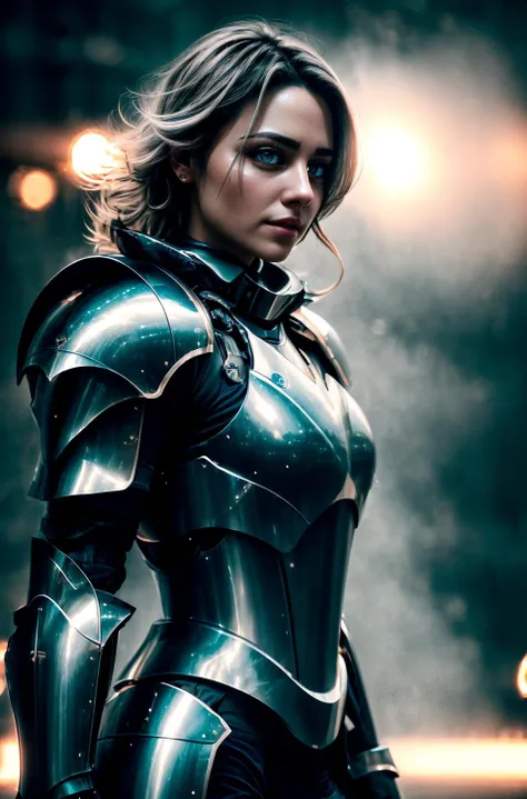 a woman, <lora:LadyBra:0.7> armor, epic, big bulky futuristic armor, art, foggy, cinematic still shot, (bokeh:1.1), dark theme, soothing tones, muted colors, high contrast, (natural skin texture, hyperrealism, soft light, sharp), (warm light:1.2) | (rim light:1.2)
