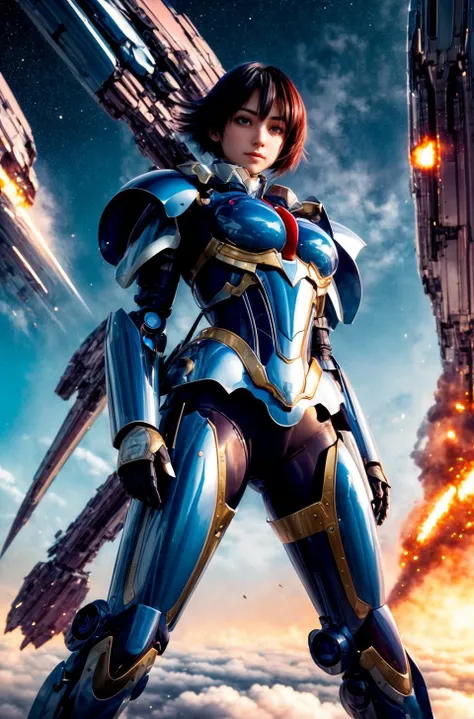 a woman, <lora:LadyBra:0.7> armor, epic, incredibly powerful Anime Girl, created by Hideaki Anno, by Katsuhiro Otomo, by Rumiko Takahashi, Movie poster style, box office hit, a masterpiece of storytelling, main character center focus, monsters , mech creatures locked in combat, nuclear explosions paint sky, highly detailed