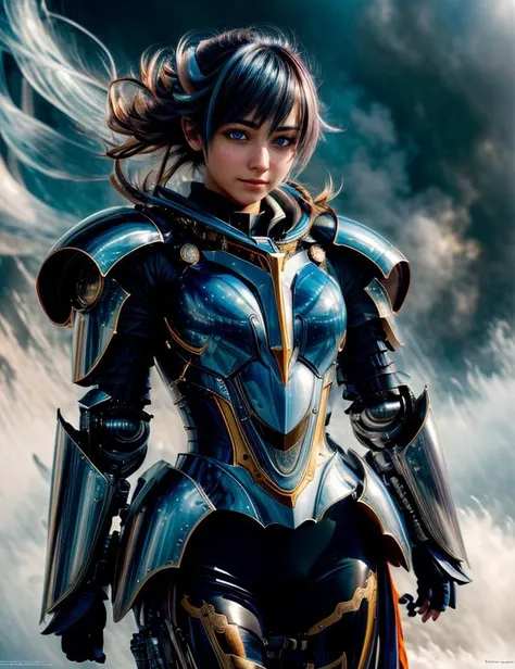 a woman, <lora:LadyBra:0.7> armor, epic, big bulky futuristic armor, art, foggy, android heroine, incredibly powerful Anime Girl, created by Hideaki Anno, by Katsuhiro Otomo, <hypernet:Stylizara:0.7>