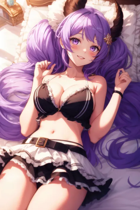 1girl, bare shoulders, bed sheet, belt, blush, breasts, cleavage, collarbone, frilled pillow, frilled skirt, frills, hair cones, hair ornament, satyr \(granblue fantasy\), large breasts, long hair, looking at viewer, lying, miniskirt, navel, on back, on bed, parted lips, pillow, purple eyes, purple hair, skirt, smile, solo, thighs, twintails, very long hair