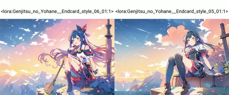 cute girl soars sitting on a broom, evening sunset, high above the horizon, above the ground, a colorized style by yohhh, <lora:Genjitsu_no_Yohane__Endcard_style_06_01:1>