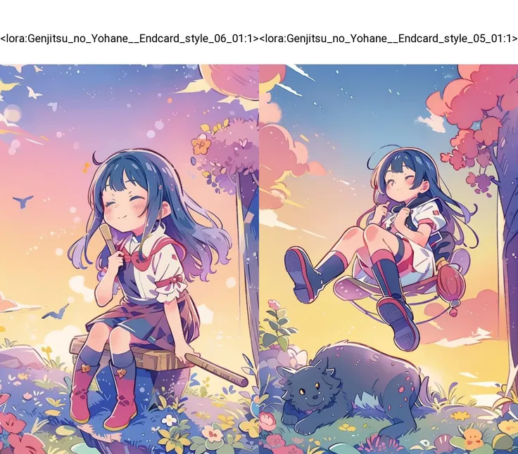 cute girl soars sitting on a broom, evening sunset, high above the horizon, above the ground, a colorized style by yohhh,   <lora:Genjitsu_no_Yohane__Endcard_style_06_01:1>
