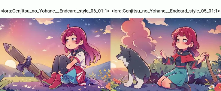 cute girl soars sitting on a broom, evening sunset, high above the horizon, above the ground, a colorized style by yohhh,   <lora:Genjitsu_no_Yohane__Endcard_style_06_01:1>