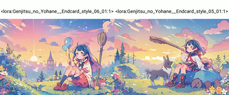 cute girl soars sitting on a broom, evening sunset, high above the horizon, above the ground, a colorized style by yohhh, <lora:Genjitsu_no_Yohane__Endcard_style_06_01:1>
