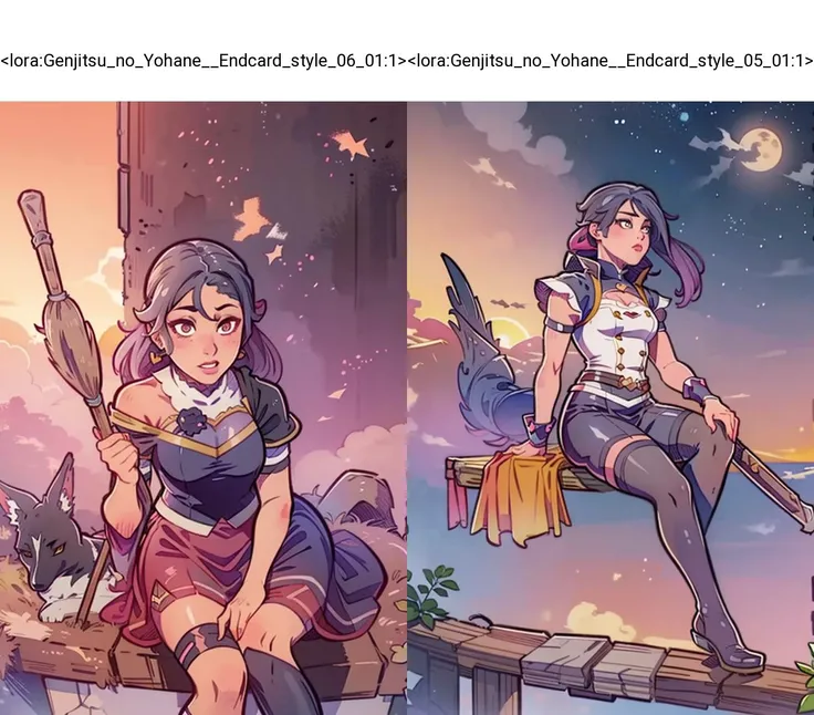 cute girl soars sitting on a broom, evening sunset, high above the horizon, above the ground, a colorized style by yohhh,   <lora:Genjitsu_no_Yohane__Endcard_style_06_01:1>