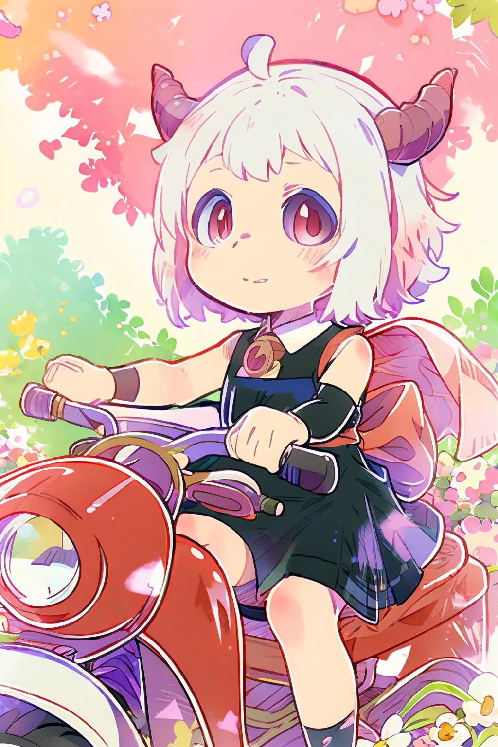 (2d:1.2), wide shot, (dynamic angle:1.1), outline, ((thick lineart)), cover, stylish, official art, (details:1.2), (fantasy), garden, (bloom:1.1), glow:0.2, shadow, nature, cherry blossoms, particles, (depth of field), sharp focus, (volumetric lighting), (bokeh:0.6), film grain:0.4, (soft lighting:1.1), mmaom, short hair, white hair, horns, red eyes, third eye, extra eyes, colored sclera, black sclera, shirt, sleeveless, dress, black dress, looking at viewer, ground vehicle, style of
yohhh, <lora:Himesama_Goumon_MaoMao_00_01:1> <lora:Genjitsu_no_Yohane__Endcard_style_06_01:1>