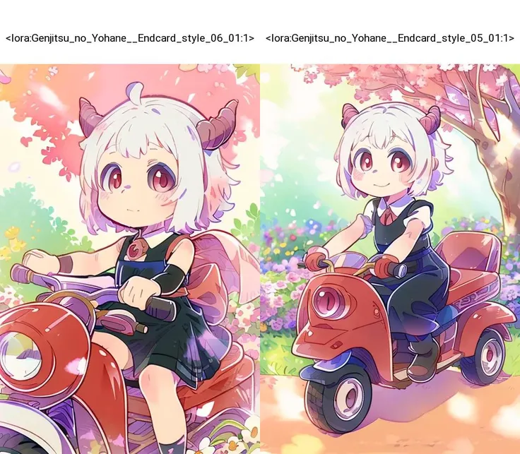 (2d:1.2), wide shot, (dynamic angle:1.1), outline, ((thick lineart)), cover, stylish, official art, (details:1.2), (fantasy), garden, (bloom:1.1), glow:0.2, shadow, nature, cherry blossoms, particles, (depth of field), sharp focus, (volumetric lighting), (bokeh:0.6), film grain:0.4, (soft lighting:1.1), mmaom, short hair, white hair, horns, red eyes, third eye, extra eyes, colored sclera, black sclera, shirt, sleeveless, dress, black dress, looking at viewer, ground vehicle, style of
yohhh, <lora:Himesama_Goumon_MaoMao_00_01:1> <lora:Genjitsu_no_Yohane__Endcard_style_06_01:1>