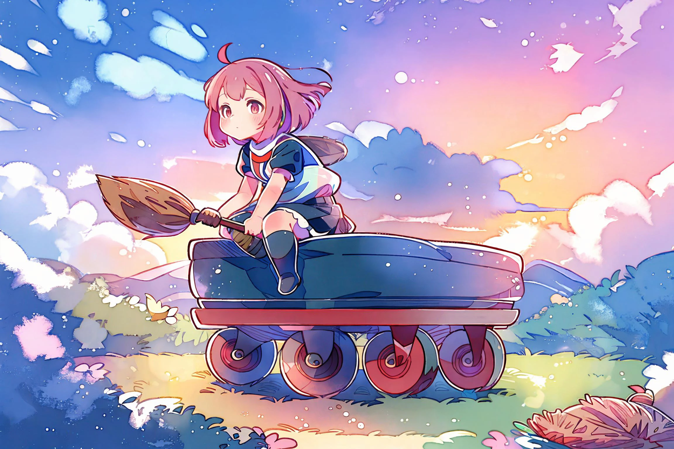 cute girl soars sitting astride a broom, rides a broom, flies, flies high, evening sunset, high above the horizon, a colorized style by yohhh, <lora:Genjitsu_no_Yohane__Endcard_style_05_01:1>