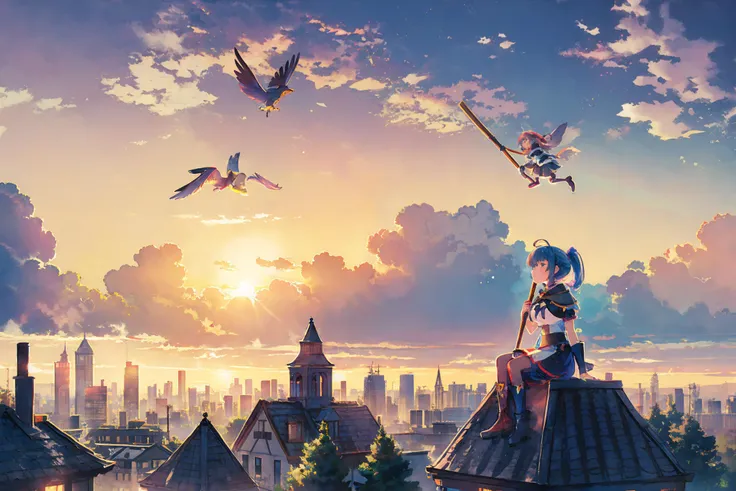 cute girl soars sitting astride a broom, rides a broom, flies, flies high, evening sunset, high above the horizon, a colorized style by yohhh, <lora:Genjitsu_no_Yohane__Endcard_style_05_01:1>