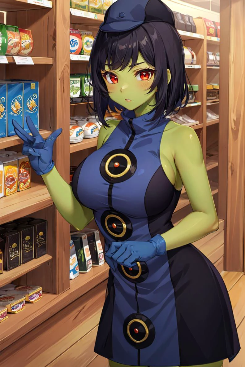 (masterpiece, best quality, beautiful detailed eyes, intricate details), 4k
1girl, solo, standing, store, shelves, products
<lora:Velvet-Room-F-OutfitV1_Fp:1> velvetfoutfitv1, hat, bare shoulders, gloves
<lora:Gruntilda_Anime:0.8> Gruntilda, green skin, long black hair, red eyes,