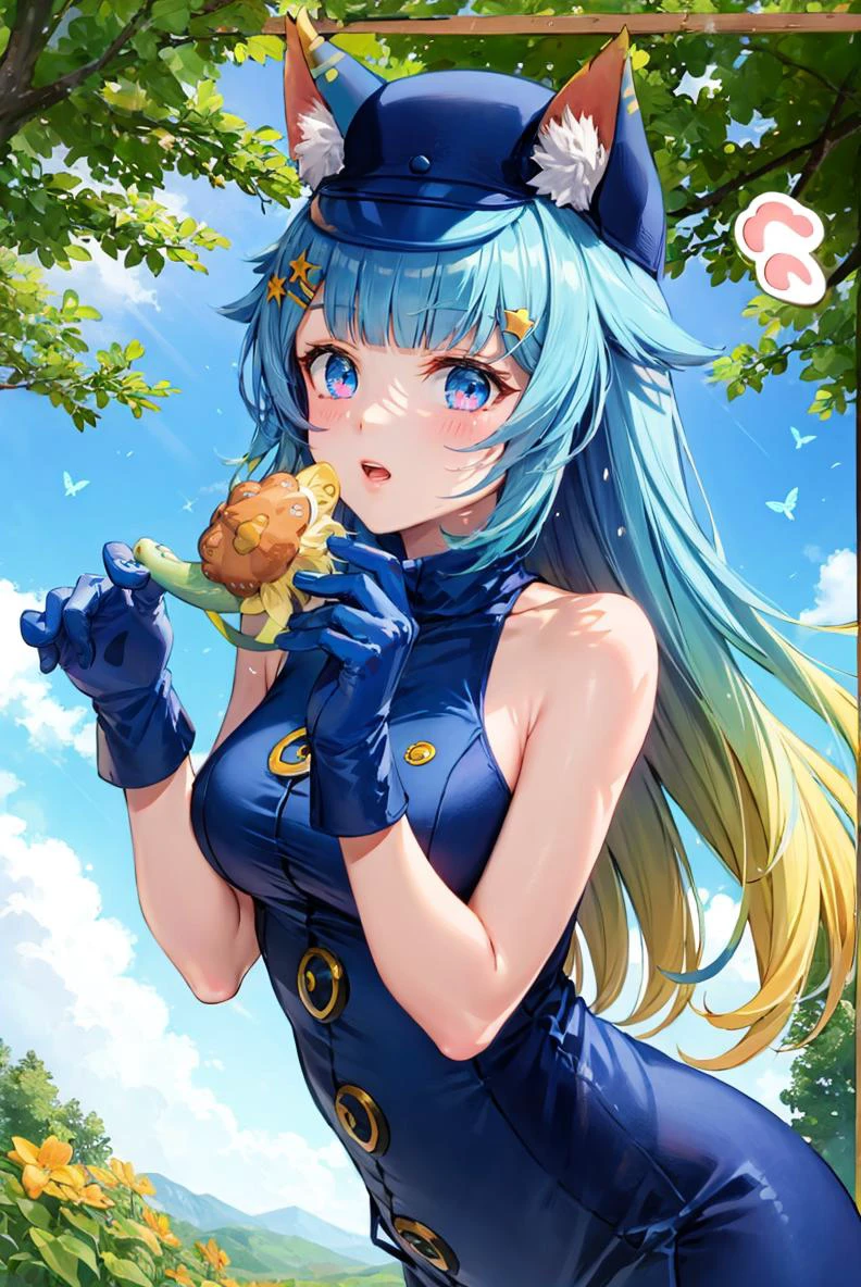 (masterpiece, best quality, beautiful detailed eyes, intricate details), 4k
1girl, solo, forest horizon, nature, butterfly, limited palette, cowboy shot,
<lora:mentertainment_lanmewko-12:1> lanmewko, paw sidelock, single sidelock, ahoge, star hair ornament, gradient hair, blue hair, blonde hair blue eyes
<lora:Velvet-Room-F-OutfitV1_Fp:1> velvetfoutfitv1, hat, bare shoulders, gloves