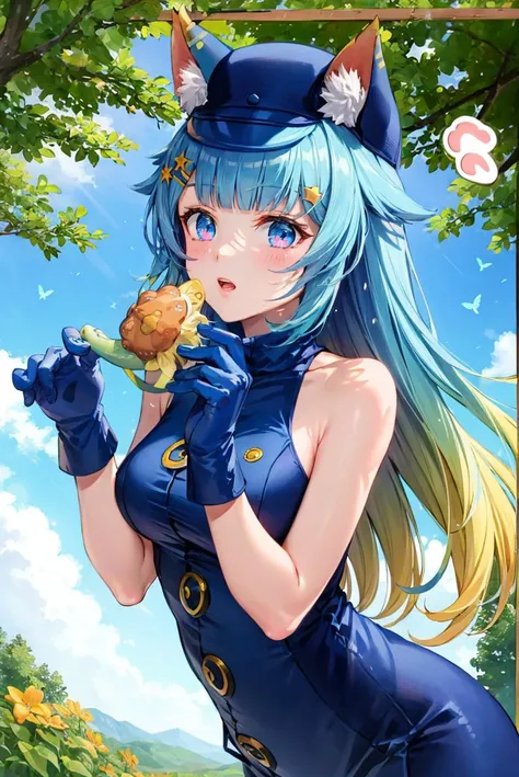 (masterpiece, best quality, beautiful detailed eyes, intricate details), 4k
1girl, solo, forest horizon, nature, butterfly, limited palette, cowboy shot,
<lora:mentertainment_lanmewko-12:1> lanmewko, paw sidelock, single sidelock, ahoge, star hair ornament, gradient hair, blue hair, blonde hair blue eyes
<lora:Velvet-Room-F-OutfitV1_Fp:1> velvetfoutfitv1, hat, bare shoulders, gloves