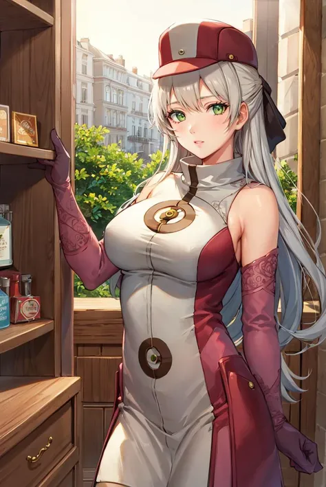 (masterpiece, best quality, beautiful detailed eyes, intricate details), 4k
1girl, solo, standing, store, shelves, products
<lora:Velvet-Room-F-OutfitV1_Fp:1> velvetfoutfitv1, hat, bare shoulders, gloves
<lora:elie-nvwls-v2-zero:0.9> elie macdowell, green eyes, large breasts,