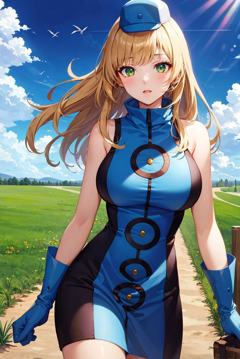(masterpiece, best quality, beautiful detailed eyes, intricate details), 4k
1girl, solo, standing, cowboy shot, outdoors, park, grass, blonde hair, green eyes, long hair, large breasts,
<lora:Velvet-Room-F-OutfitV1_Fp:1> velvetfoutfitv1, hat, bare shoulders, gloves
