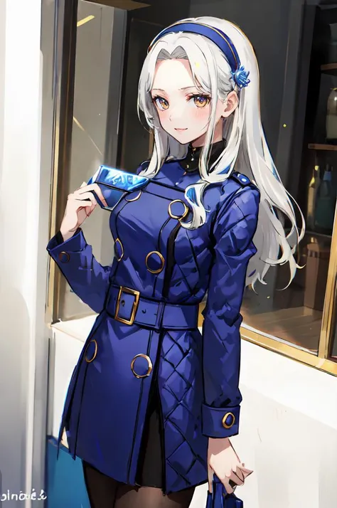 ultra detailed, masterpiece, best quality,
solo,
cowboy shot,
facing viewer,
smile,
<lora:Velvet-Room-F-OutfitV2_Fp:1> velvetfoutfitv2, pantyhose, hairband,
1girl, (white eyes:1.1), (grey eyes:0.35), white hair, very long hair, parted hair, parted bangs, <lora:parted_hair_v1.3:1.3>, medium breasts, straight hair,
(wing hair ornament:1.3),
