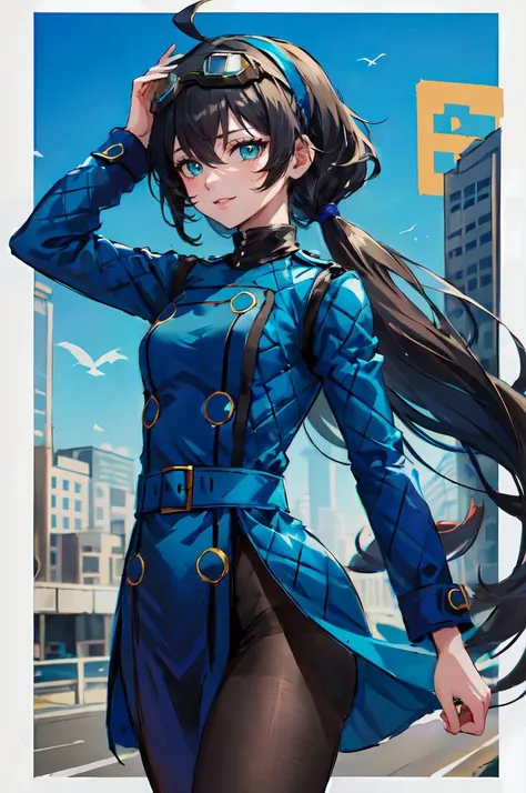 ultra detailed, masterpiece, best quality,
solo,
cowboy shot,
facing viewer,
smile,
<lora:Velvet-Room-F-OutfitV2_Fp:1> velvetfoutfitv2, pantyhose, hairband,
1girl, (teal eyes:1.1), (aqua eyes:0.45), black hair, ahoge, low ponytail, low tied hair, very long hair, (hair flaps:1.2), flipped hair, hair between eyes, bangs, messy hair, small breasts, (absurdly long hair:1.5),
(goggles on headwear:1.3),
<lora:low_ponytail-1.0:0.8> low ponytail,